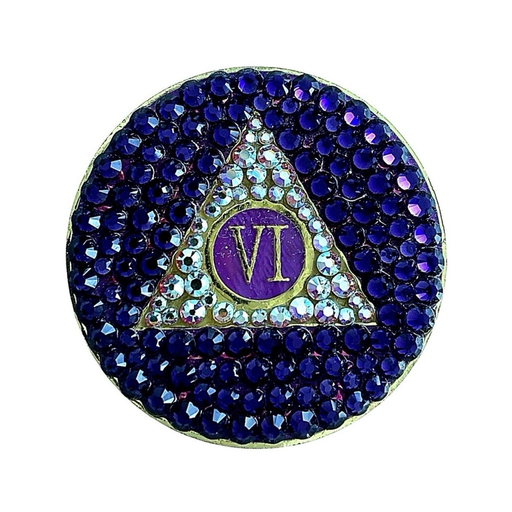 AA 6 Year Sobriety Medallion Swarovski Crystal Custom Purple Coin